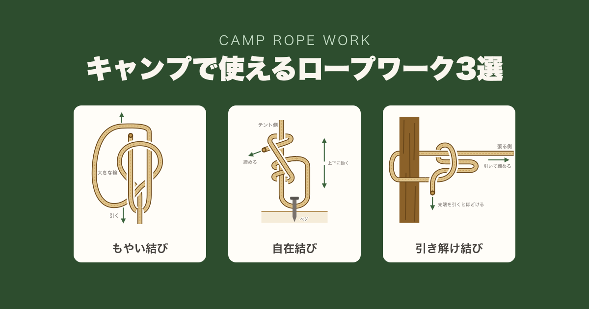 キャンプで使えるロープワーク3選|もやい結び・自在結び・引き解け結びを図解